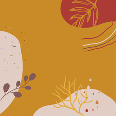 Square banner background of creative minimalist hand draw illustrations floral outline lily pastel beige Scandinavian simple abstract shape for wall decoration, postcard, brochure, and social media