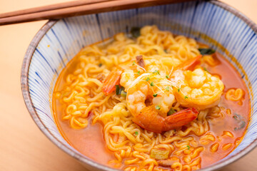 Korean spicy instant noodles with shrimp bowl