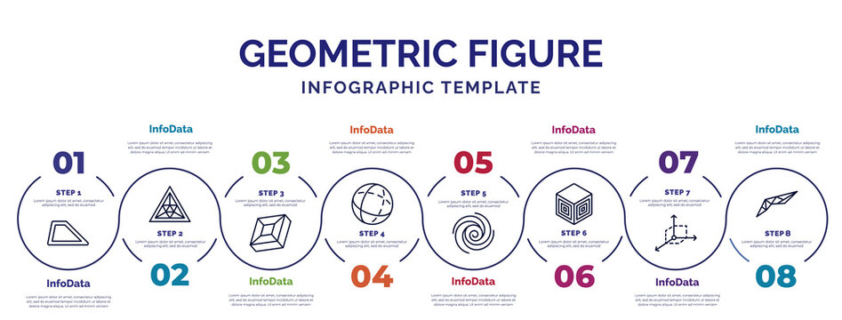 infographic template with icons and 8 options or steps. infographic for geometric figure concept. included trapezium, rhombus, sphere, spiral, side to side of a cube, coordinates, polygonal wings