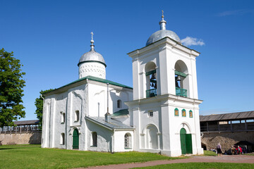 Fototapeta na wymiar Medieval Cathedral of St. Nicholas the Wonderworker on a sunny June day. Izborsk, Pskov region. Russia