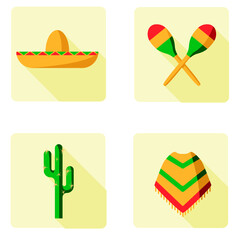 Vector set of Mexican icons. Vector illustration cactus, maracas, sombrero hat, poncho
