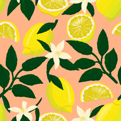 Lemon leaves and flower seamless pattern. Citrus fruit vector illustration for wallpaper, wrapping paper, textile, fabric, print