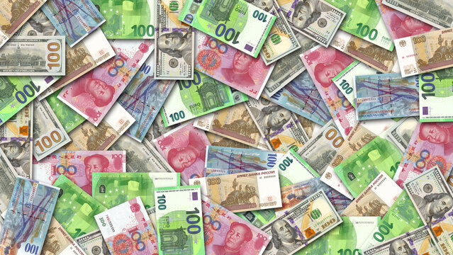 Banknotes from different countries of the world scattered randomly in a mess. Money of the USA, Switzerland, the European Union, China and Russia. 100 yuan, dollars, francs, rubles and euros
