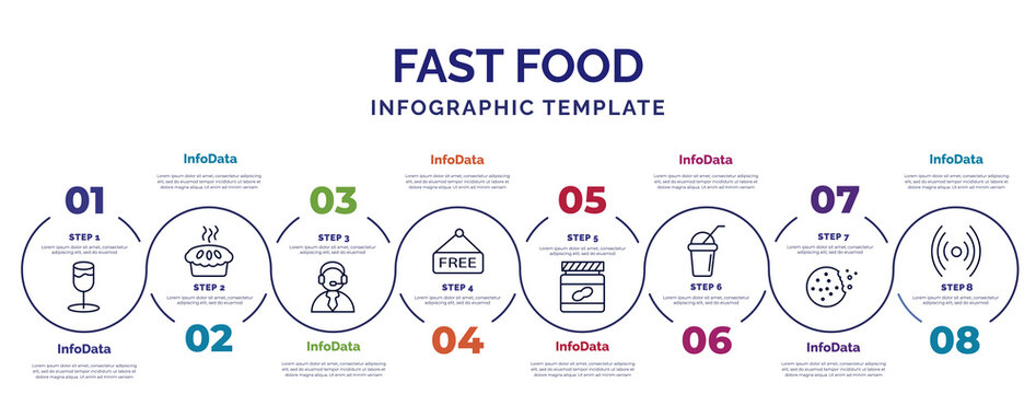 infographic template with icons and 8 options or steps. infographic for fast food concept. included alcoholic drink, operator, free, peanut butter, beverage, biscuit, online icons.