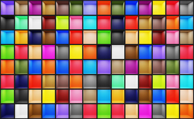 3d render of a background of many multicolored empty studio apartments.Digital image illustration.