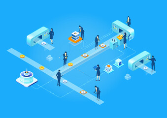 Isometric business concept composition made of many icons. Internet, big data, online support, new start up concept illustration