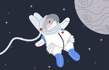 Hare in space. A rabbit dressed as an astronaut flies in the universe. Flat vector illustration. Eps10