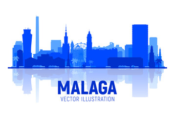 Malaga, Spain (Andalusia) city silhouette at white background. Vector Illustration. Business travel and tourism concept with modern buildings. Image for banner or web site - obrazy, fototapety, plakaty