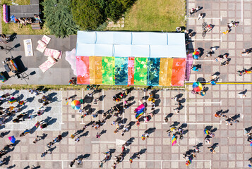 Equality parade, pride march in Warsaw, Poland, June 25 2022. Celebration of LGBT people and protests against homophobia, aerial view. - obrazy, fototapety, plakaty