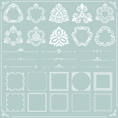 Vintage set of horizontal, square and round elements. Different elements for backgrounds and frames. Classic light blue and white patterns. Set of vintage patterns