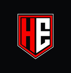 Initial letters HE shield shape red modern logo