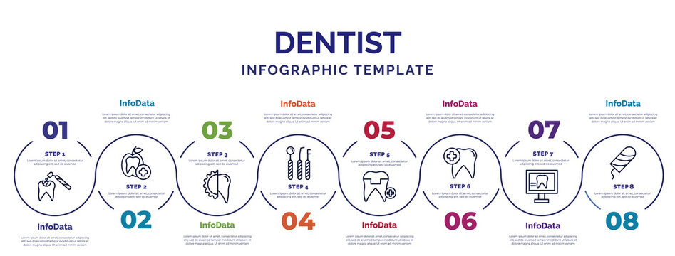 infographic template with icons and 8 options or steps. infographic for dentist concept. included tooth filling, apicoectomy, dentist tools, molar crown, dental care, dental monitor, tampon icons.