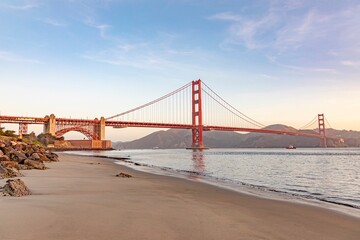 scenic morning view to golden gate bridge from the beach at old fort,