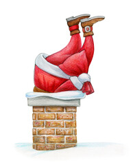 Santa stucked in chimney, isolated on white. Watercolor illustration. - 513319195