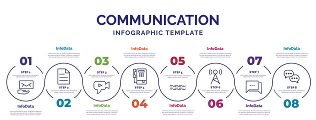 infographic template with icons and 8 options or steps. infographic for communication concept. included receiving email, video chat, public phone, morse code, radio antenna, talking, chatting icons. © IconArt