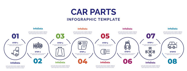 infographic template with icons and 8 options or steps. infographic for car parts concept. included car towbar, car bonnet, glove compartment, headlight, luggage rack, universal joint, taiate icons.