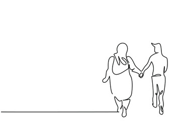 overweight woman and slim fit man couple holding hands walking back view concept