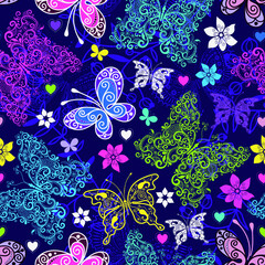 Fototapeta premium Colorful seamless pattern with butterflies, flowers and hearts on a dark violet background. Vector eps 10