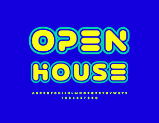 Vector bright announcement Open House. Abstract style Font. Creative Alphabet Letters and Numbers set