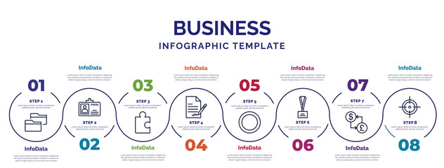 infographic template with icons and 8 options or steps. infographic for business concept. included two folders, puzzle game piece, , full circle, lanyard, currencies, target icons. © IconArt