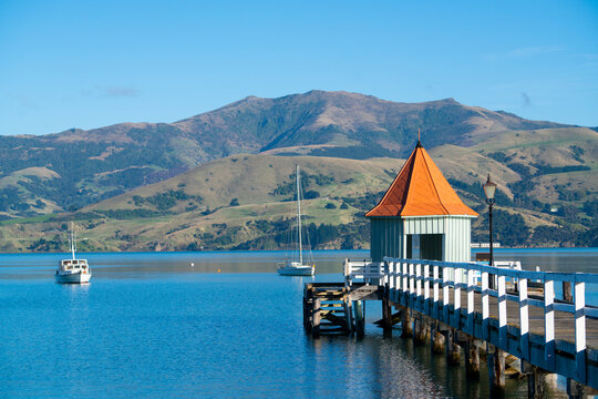 The landmark of Akaroa, Daly's Wharf at sunset.