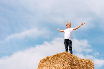 Naklejka na ściany i meble Ukrainian blond boy on the haystack with his hands up against the blue sky and clouds. Summer weekend in the village.