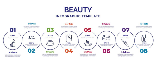 infographic template with icons and 8 options or steps. infographic for beauty concept. included candle flower, stone massage, shower place, hot spring, spa tools, hair curler, liner icons.