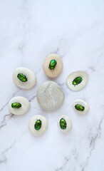 gray pebbles with green emerald beetles on abstract marble background. Stone therapy. symbol of life balance, soul relax, Harmony. minimal style. flat lay