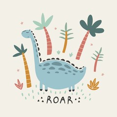 Cute kids print with dinosaur and trees. Hand drawn vector illustration in scandinavian style for typographic poster, postcard, label, flyer, page, banner, baby clothes, nursery. Dino roar.