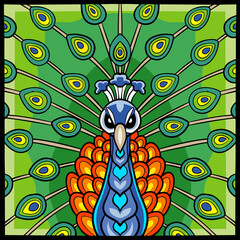 Colorful peacock bird zentangle arts. isolated on black background