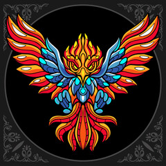Colorful phoenix bird zentangle arts. isolated on black background