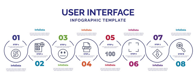 infographic template with icons and 8 options or steps. infographic for user interface concept. included number, sceptic smile, zip file, one hundred, corners, low, detective search icons.