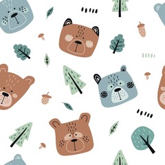 Vector hand-drawn color children's seamless repeating pattern with cute bear faces, trees, leaves in Scandinavian style. Creative children's forest texture for fabric, wallpaper, clothes.