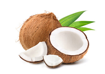 Coconut fruit with cut in half and leaves isolated on white background.