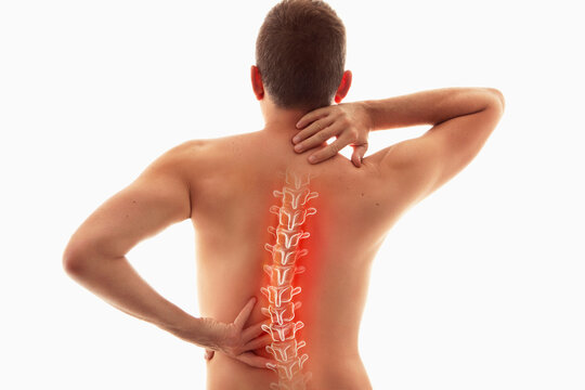 Back pain, male body torso back view, human spine illustration