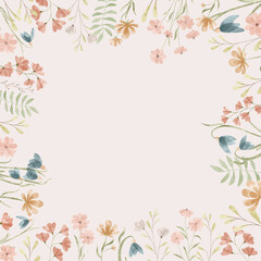 Fototapeta na wymiar Floral Frame isolated on the beige background. Cute watercolor floral wreath perfect for wedding invitations and greeting cards.