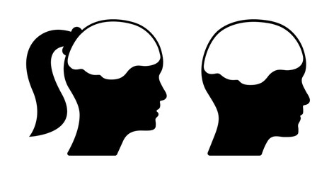 Woman and man profile icon vector design with brain. Black male, female side view sign, to use in business, diversity, people illustration.