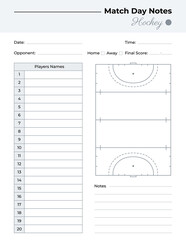 Match day notes log with hockey field diagram