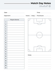 Match day notes log with football field diagram