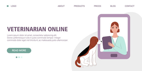 Veterinary online consultation web banner. A female veterinarian treats a beagle online. Veterinarian online service for dog. Vector illustration in flat style.