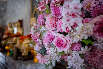 Inside of old traditional buddhist temple in Thailand