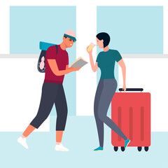 Plakat Tourists at the airport with luggage go on a trip. Flat vector. A man and a woman look at a map and drink drinks.