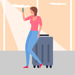 Woman tourist looks at the phone, sitting on a suitcase, at the airport. Flat vector illustration. Travel and vacation concept.