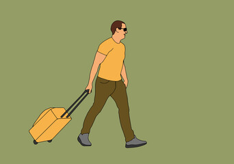 Young male traveler in hat with a laggage on the background. Traveling concept. Vector illustration in flat cartoon style