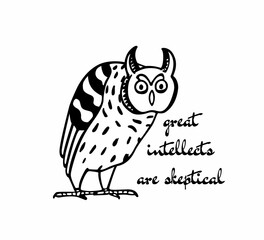 Vector illustration of hand drawn funny skeptical Long-Eared Owl. Ink drawing, decorative graphic style. Beautiful animal design elements, logo template 