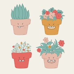 set of cute flower pots and smiling faces hand drawn scandinavian cartoon doodle style