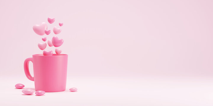 Love concept design of cup with hearts on pink background 3D render