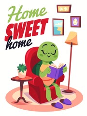 Cartoon turtle poster. Cozy home interior, funny character reads book in armchair, animal in room, relax and education, sweet home lettering, print and postcard tidy vector concept