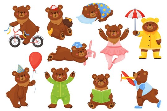 Cartoon bear with objects. Woodland animal in funny costumes, cute brown mammal character, comic grizzly, different poses, rides bike and reads book, celebrates birthday, recent vector set