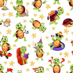 Cartoon turtle seamless pattern. Cute animal mascots, funny character, nursery prints, various actions and emotions, tidy vector background. Decor textile, wrapping paper, childish print